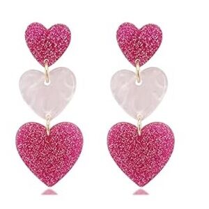 Valentines Day Pink and White Heart Drop Earrings, New with Tags
